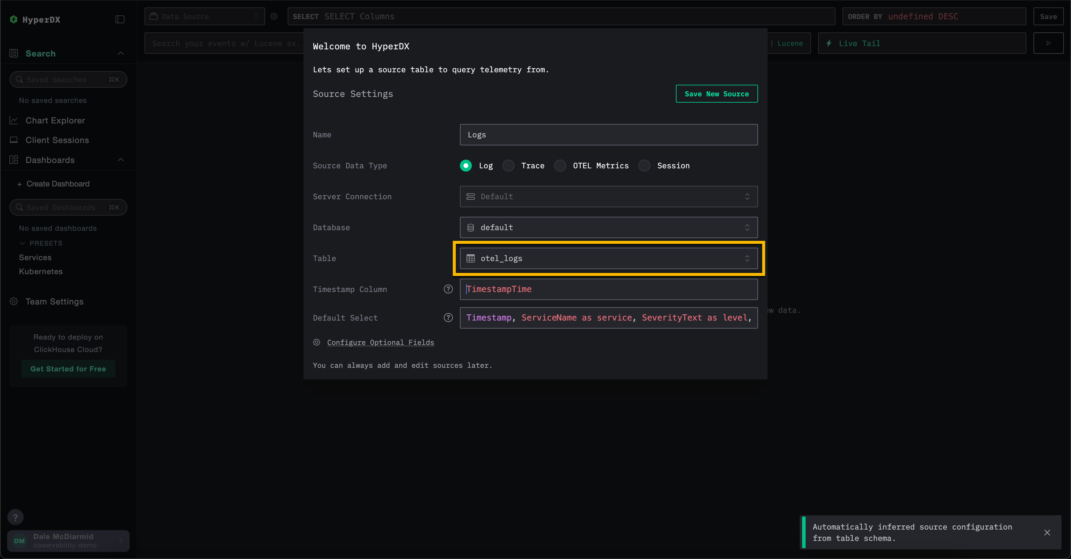 Источник данных HyperDX ClickHouse Cloud