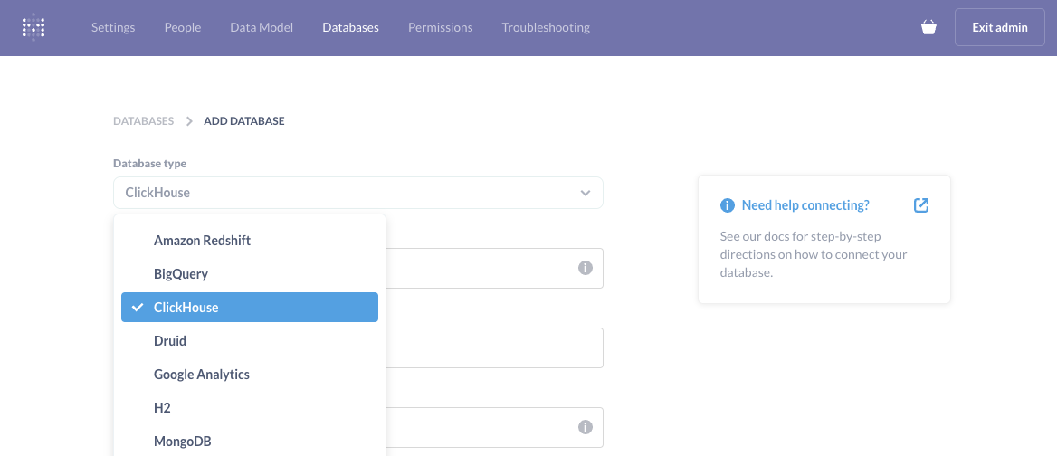 Выбор базы данных в Metabase, показывающий ClickHouse в качестве опции