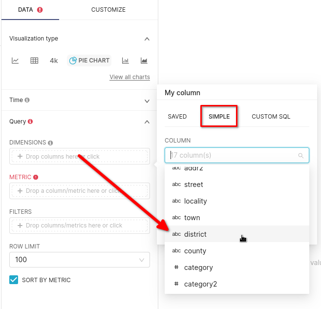Конфигурация Dimension, показывающая выбор поля district для круговой диаграммы